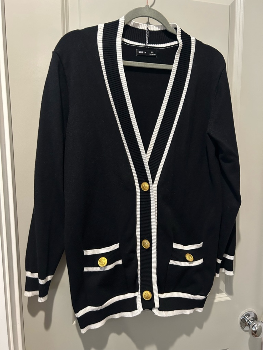 SHEIN Black Cardigan with White Trim and Gold Buttons - Classic V-Neck